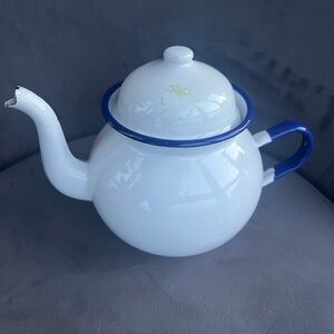 Vintage White Enamel Teapot with Blue Accents